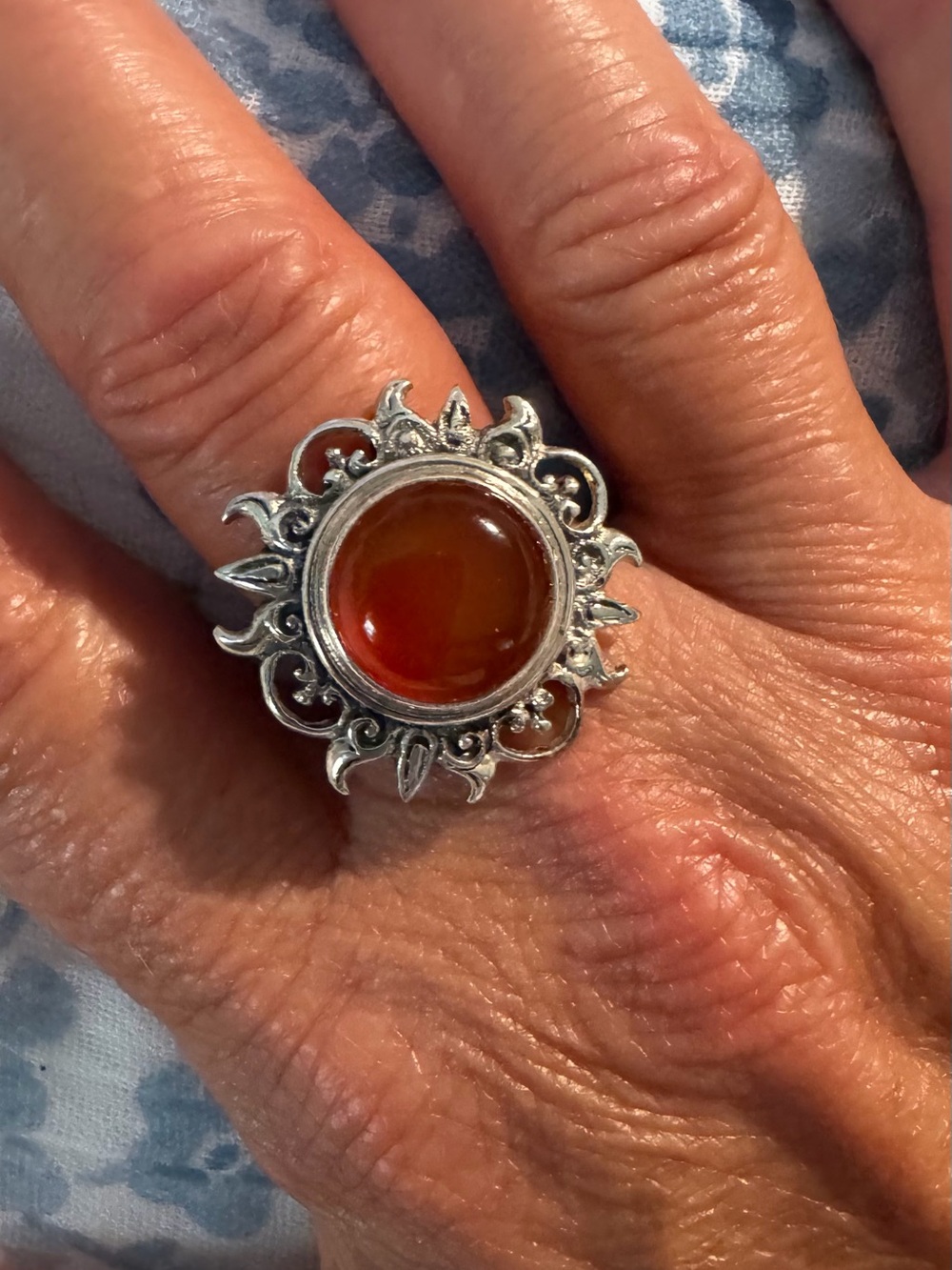 Ovi Silver Sunburst Ring with Amber Orange Cabochon
